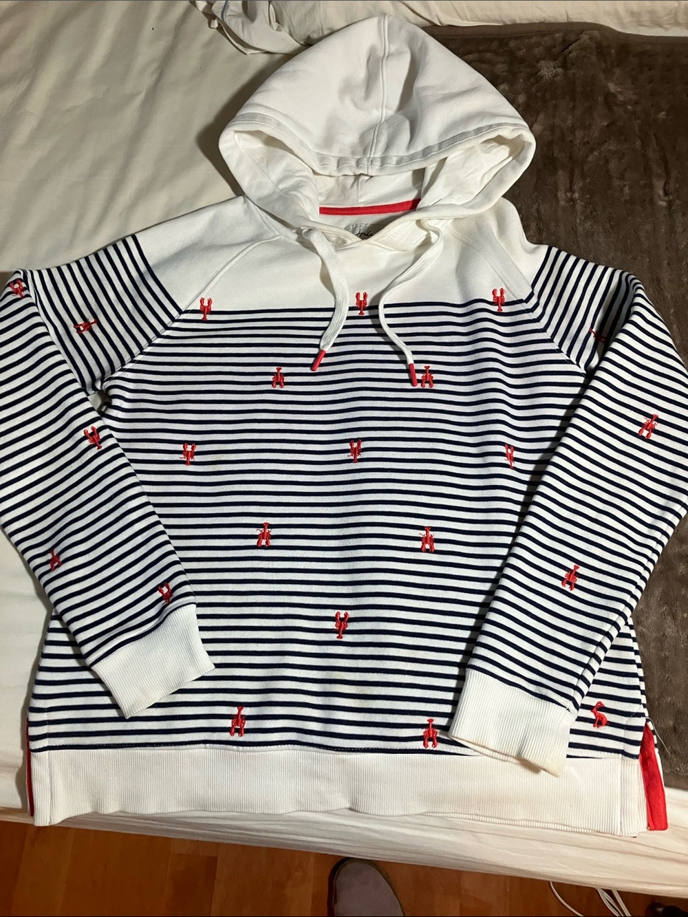 Joules White & Navy Striped Hooded Sweater with Red Lobster Embroidery Size 2